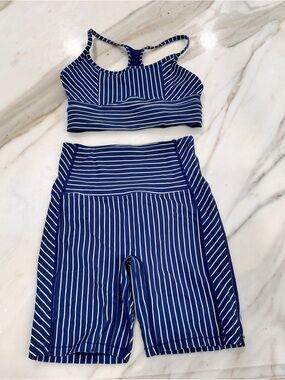 SOLID & STRIPED Navy and White Striped Sports Bra & Biker Shorts Set